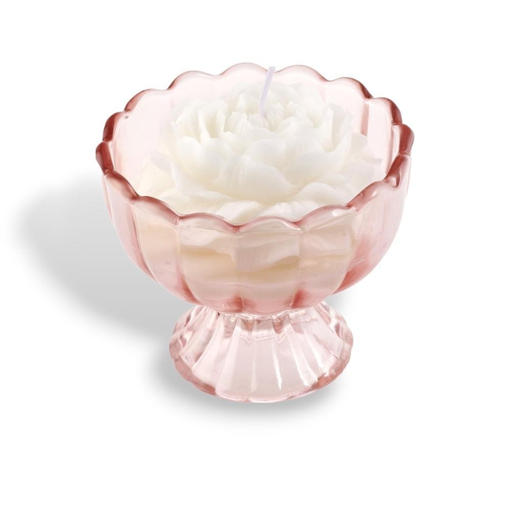 CANDELA IN ALZATINA VETRO ROSA 9X7